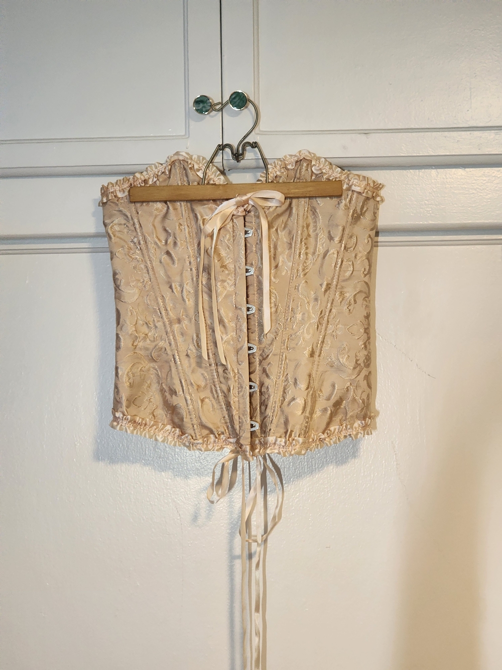 Satin Brocade Lace-Up Corset Top in Champagne